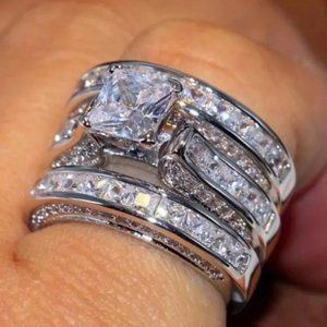 3PC 925 STERLING SILVER DIAMOND ENGAGEMENT RING SET